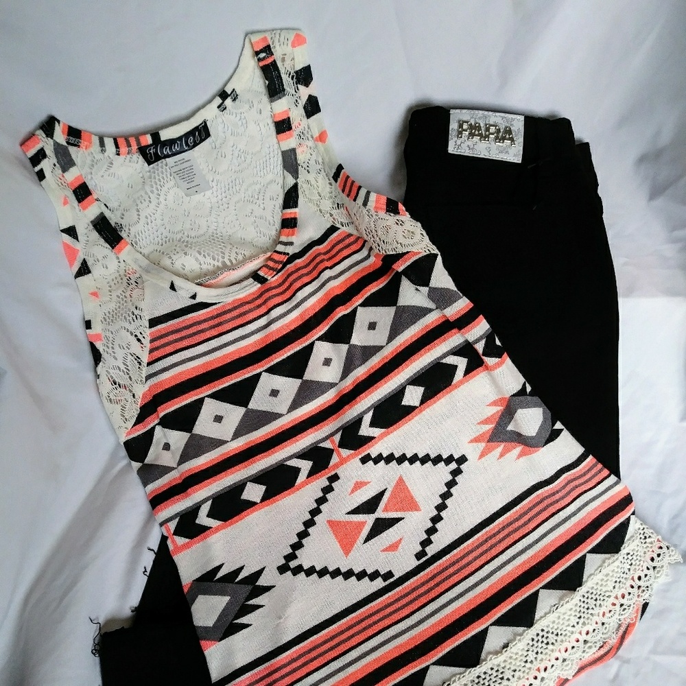 Aztec Print Crochet Lace Tank Black, Cream, Coral